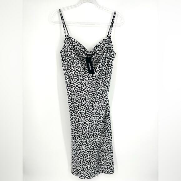 Bebe Floral Daisy Printed Satin Cowl Neck‎ Midi Dress Black White Medium Dainty - Picture 2 of 13